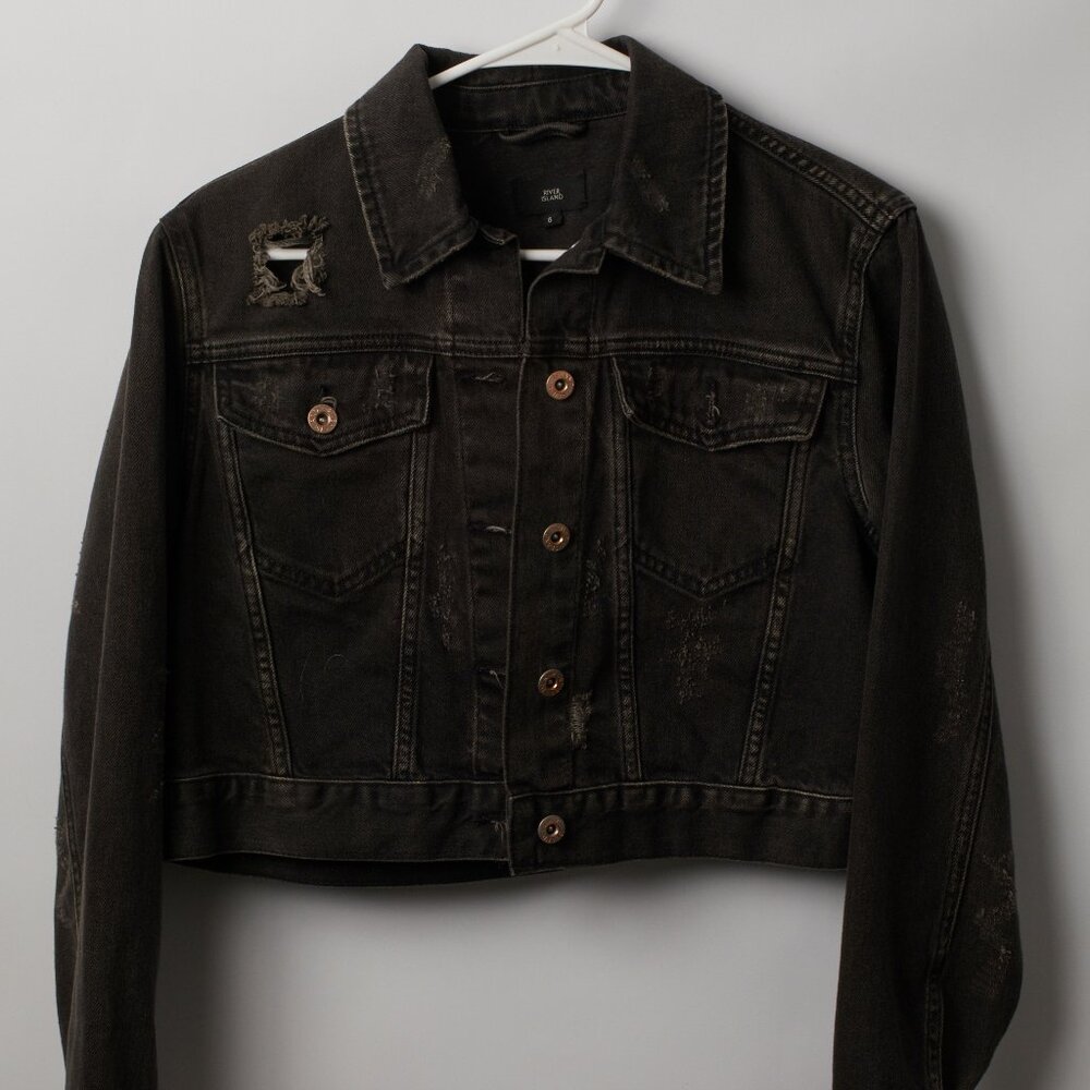 River Island black Denim Jacket size 6 Ripped Distressed